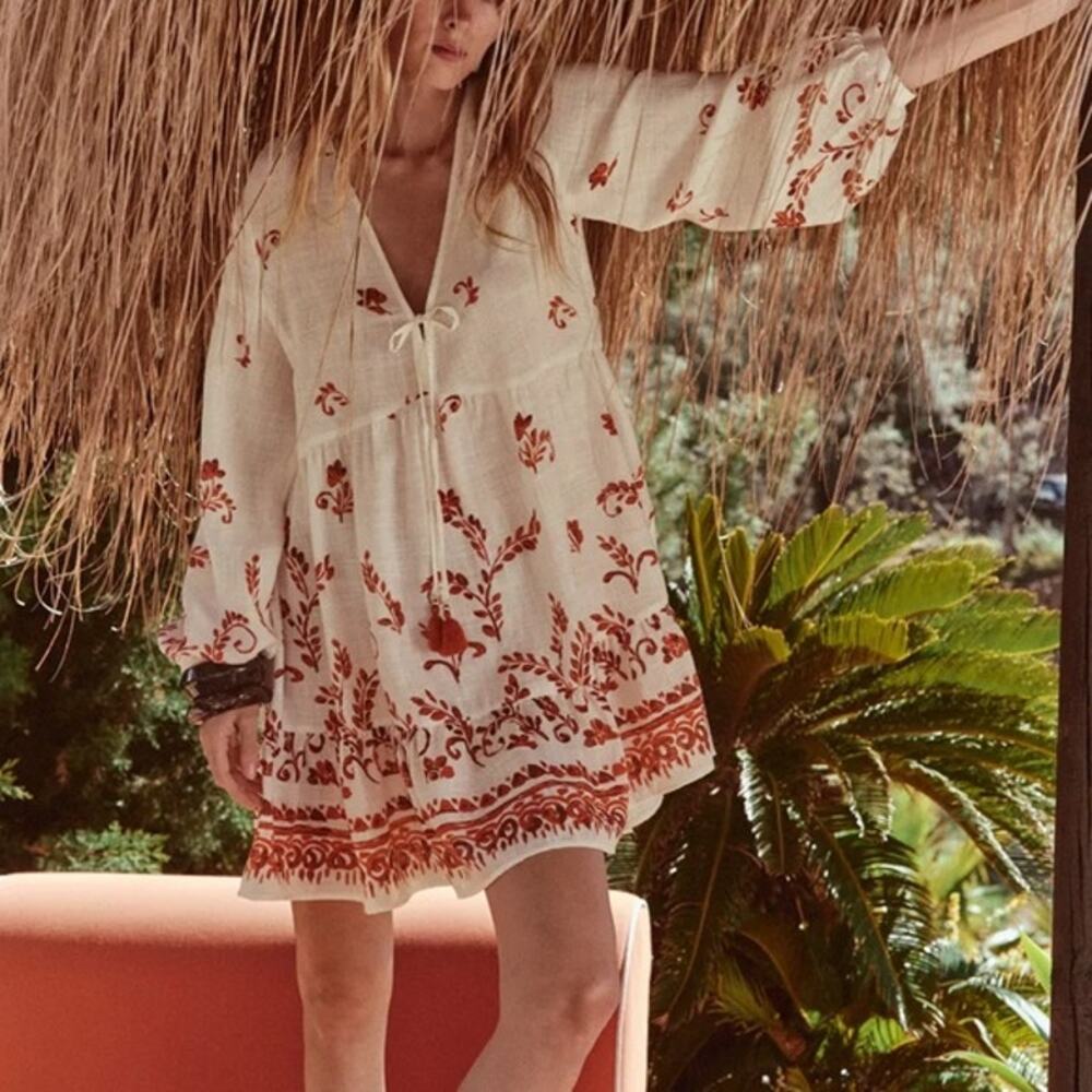 Zara Dress Brick Printed Floral Peasant Boho Festival Summer Red Cream Size M